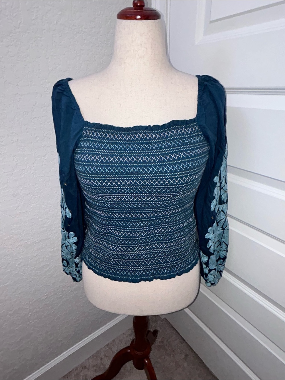 By Anthropologie Embroidered Embellished Statement Sleeve Smocked Shirt Top